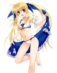 Rule 34 | 1girl, :d, arm ribbon, armlet, barefoot, bikini, blonde hair, blue ribbon, breasts, cameltoe, collarbone, extraction, fate testarossa, floating hair, groin, hair between eyes, hair ribbon, holding, leg up, long hair, looking at viewer, lyrical nanoha, navel, open mouth, red eyes, ribbon, sideboob, small breasts, smile, solo, standing, swimsuit, transparent background, twintails, very long hair, white bikini, white ribbon