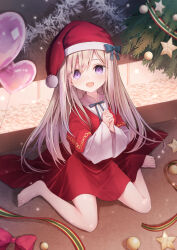 Rule 34 | 1girl, :d, balloon, barefoot, blue bow, bow, capelet, christmas, christmas ornaments, christmas tree, commentary request, hair between eyes, hat, hat bow, heart balloon, highres, interlocked fingers, light brown hair, long sleeves, looking at viewer, nishina kakeri, open mouth, original, own hands clasped, own hands together, purple eyes, red capelet, red skirt, santa costume, santa hat, shirt, sitting, skirt, smile, solo, star (symbol), wariza, white shirt, wide sleeves