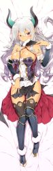 Rule 34 | 1girl, armored boots, bare shoulders, bed sheet, beelzebub (slime taoshite 300 nen), belt, black belt, black cape, black thighhighs, blush, boots, breasts, cape, cleavage, closed mouth, collarbone, dakimakura (medium), dark-skinned female, dark skin, demon girl, demon horns, detached sleeves, dress, from above, full body, fur-trimmed sleeves, fur trim, hair between eyes, half-closed eyes, hand fan, highres, holding, holding fan, horns, knee boots, large breasts, long hair, looking at viewer, lying, on back, pink eyes, pointy ears, red cape, revision, shiny skin, silver hair, slime taoshite 300 nen shiranai uchi ni level max ni nattemashita, smile, solo, strapless, strapless dress, thighhighs, tsurime, yuto (dialique)