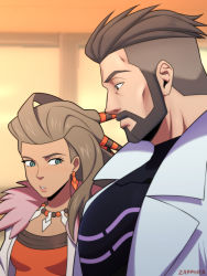 Rule 34 | 1boy, 1girl, artist name, beard, black bodysuit, bodysuit, closed mouth, coat, creatures (company), earrings, facial hair, from side, fur trim, game freak, girl staring at guy&#039;s chest (meme), jewelry, lab coat, large pectorals, long hair, looking at another, meme, muscular, muscular male, necklace, nintendo, open clothes, open coat, parted lips, pectoral focus, pectorals, pokemon, pokemon sv, sada (pokemon), short hair, turo (pokemon), undercut, zapphier