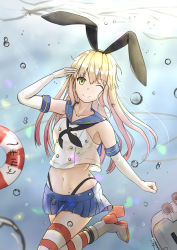 Rule 34 | 1girl, ;), animal ears, black hairband, black neckerchief, black panties, blonde hair, blue sailor collar, blue skirt, collarbone, crop top, elbow gloves, fake animal ears, floating hair, gloves, green eyes, hairband, highleg, highleg panties, highres, innertube, kantai collection, leg up, long hair, looking at viewer, midriff, miniskirt, navel, neckerchief, nyanko960121, one eye closed, panties, pleated skirt, rabbit ears, rensouhou-chan, sailor collar, shimakaze (kancolle), shirt, skirt, sleeveless, sleeveless shirt, smile, solo, stomach, striped clothes, striped thighhighs, swim ring, thighhighs, underwater, underwear, very long hair, white gloves, white shirt, zettai ryouiki