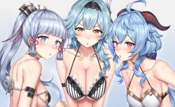 Rule 34 | 3girls, :o, absurdres, ahoge, ayaka (genshin impact), bad id, bad pixiv id, bikini, blue eyes, blue hair, blunt bangs, blush, breasts, choker, cleavage, collarbone, eula (genshin impact), frilled bikini, frills, ganyu (genshin impact), genshin impact, goat horns, hair ornament, hair ribbon, hairband, highres, horns, light blue hair, long hair, looking at another, looking at viewer, medium breasts, mole, mole under eye, multiple girls, open mouth, pink eyes, ponytail, ribbon, rope, sideboob, silver hair, swimsuit, underwear, upper body, v-shaped eyebrows, yakimi 27, yellow eyes