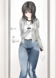 Rule 34 | 1girl, absurdres, belt, belt buckle, black hair, blush, buckle, denim, door, door handle, embarrassed, feet out of frame, female focus, hand on own chest, highres, indoors, jeans, long hair, mitaray, open mouth, original, pants, pee stain, peeing, peeing self, standing, thigh gap, wet, wet clothes, wet pants