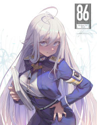 Rule 34 | 1girl, 86 -eightysix-, :t, ahoge, bingwei huang, book, breasts, closed mouth, copyright name, grey eyes, hair between eyes, hand on own hip, highres, long hair, long sleeves, medium breasts, pout, shirt, silver hair, simple background, solo, uniform, very long hair, vladilena millize, white background, white shirt