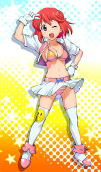 Rule 34 | 1girl, ;d, bikini, bikini top only, blush, boots, breasts, cleavage, crop top, gloves, hand on own hip, large breasts, looking at viewer, midriff, navel, one eye closed, open clothes, open mouth, panties, pantyshot, pastel (twinbee), polka dot, print thighhighs, purple eyes, red hair, salute, short hair, skirt, smile, smiley face, solo, standing, star (symbol), star print, striped clothes, striped panties, swimsuit, thighhighs, twinbee, ueyama michirou, underboob, underwear, upskirt, white thighhighs, wind, wind lift, wink