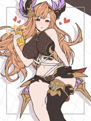Rule 34 | 1girl, bare shoulders, black shorts, black thighhighs, blush, breasts, brown eyes, crop top, detached sleeves, gloves, gold bar, granblue fantasy, grid background, head wings, heart, highres, large breasts, light brown hair, ll 0109, long hair, looking at viewer, lying, midriff, navel, on back, parted lips, short shorts, shorts, sidelocks, smile, solo, sparkle, thighhighs, thighs, tweyen (granblue fantasy), white gloves, wings