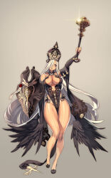Rule 34 | 1girl, absurdres, breasts, cleavage, feathered wings, hair over one eye, hat, highres, jeffr, large breasts, long hair, low wings, mace, original, shield, shiny skin, simple background, solo, thighs, weapon, white hair, wings