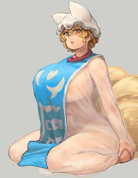 Rule 34 | 1girl, animal hat, belly, blonde hair, blush, breasts, brown eyes, chanta (ayatakaoisii), dress, extra ears, female focus, foot grab, fox tail, full body, grey background, hair between eyes, hat, highres, huge breasts, long sleeves, looking at viewer, mob cap, multiple tails, navel, no bra, no panties, open mouth, plump, see-through, short hair, sideboob, simple background, slit pupils, solo, tabard, tail, thick thighs, thighs, touhou, wide hips, yakumo ran