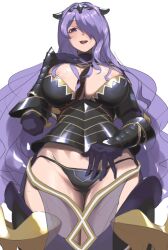 Rule 34 | 1girl, areola slip, arm up, armor, breasts, camilla (fire emblem), fire emblem, fire emblem fates, from below, gluteal fold, groin, hair over one eye, highres, huge breasts, licking lips, looking down, naughty face, nintendo, panties, purple eyes, purple hair, shiny skin, solo, tongue, tongue out, underwear, unfinished