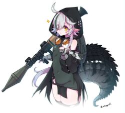 Rule 34 | 1girl, absurdres, arknights, black hood, blush stickers, braid, closed mouth, cowboy shot, crocodilian tail, detached sleeves, gloves, goggles, goggles around neck, green hair, grey gloves, grey hair, hair over one eye, hands up, highres, large tail, long hair, long sleeves, looking at viewer, mikagura, multicolored hair, partially fingerless gloves, pointy ears, reptile girl, rocket launcher, simple background, sleeveless, solo, standing, star-shaped pupils, star (symbol), streaked hair, symbol-shaped pupils, tail, thighhighs, tomimi (arknights), torn clothes, torn thighhighs, weapon, white background, yellow eyes