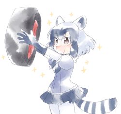 Rule 34 | 10s, 1girl, :d, animal ears, arms up, bad id, bad twitter id, black gloves, black hair, black ribbon, black skirt, blue shirt, blush, brown eyes, common raccoon (kemono friends), cowboy shot, fur collar, gloves, grey gloves, grey hair, hair between eyes, holding, jitome, kemono friends, looking away, looking up, multicolored hair, neck ribbon, no nose, open mouth, pleated skirt, puffy short sleeves, puffy sleeves, raccoon ears, raccoon tail, ribbon, shirt, short hair, short sleeves, simple background, sketch, skirt, smile, solo, sparkle, striped tail, tail, tire, white background, white hair, yukimi park, yukimipark
