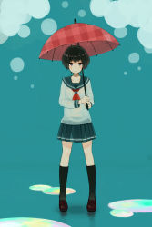 Rule 34 | 1girl, bad id, bad pixiv id, black hair, black socks, blue background, blue eyes, blush, brown footwear, closed mouth, collarbone, eyebrows, frown, full body, highres, holding, holding umbrella, kneehighs, loafers, long sleeves, looking at viewer, neckerchief, original, puddle, rjngo, school uniform, serafuku, shirt, shoes, socks, solo, umbrella, wet, wet clothes, wet hair, wet shirt, white shirt