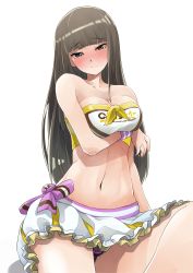 Rule 34 | 1girl, black hair, blush, breast hold, breasts, brown eyes, cheerleader, cleavage, closed mouth, coco&#039;s, collarbone, embarrassed, frilled panties, frills, girls und panzer, groin, highres, kakimoto nao, large breasts, lingerie, long hair, looking at viewer, mature female, midriff, miniskirt, navel, nishizumi shiho, panties, pantyshot, purple panties, simple background, sitting, skirt, solo, underwear, upskirt, white background