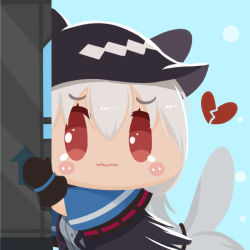 Rule 34 | 1girl, aqua background, arknights, black gloves, black hat, blue capelet, blush stickers, broken heart, capelet, chibi, chinese commentary, closed mouth, commentary request, eyes visible through hair, gloves, grey shirt, hair between eyes, hat, heart, lieyan huangzi, long hair, open mouth, red eyes, shirt, silver hair, skadi (arknights), smile, solo, tearing up, wavy mouth