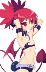 Rule 34 | 1girl, 4rion, absurdres, armpits, arms behind head, belt, choker, demon girl, demon tail, demon wings, disgaea, earrings, elbow gloves, etna (disgaea), flat chest, gloves, highres, jewelry, looking at viewer, makai senki disgaea, navel, pointy ears, prinny, red eyes, red hair, simple background, skirt, skull earrings, smile, solo, tail, twintails, white background, wings