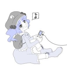 Rule 34 | 1girl, blue theme, female focus, game boy, game boy (original), game link cable, handheld game console, kawashiro nitori, monochrome, musical note, playing games, quaver, simple background, solo, speech bubble, spoken musical note, torque, touhou, two side up, video game, white background