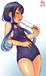 Rule 34 | 1girl, artist logo, black hair, blue hair, blue one-piece swimsuit, breasts, commentary request, competition school swimsuit, dated, food, gradient background, gradient hair, green eyes, highres, kanon (kurogane knights), kantai collection, long hair, low twintails, multicolored hair, one-piece swimsuit, one-piece tan, open mouth, popsicle, pussy juice, school swimsuit, sexually suggestive, small breasts, solo, suzukaze (kancolle), swimsuit, tan, tanline, twintails, white background