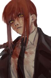 Rule 34 | 1girl, black jacket, black necktie, blood, blood on clothes, blood on face, braid, braided ponytail, chainsaw man, collared shirt, formal, highres, jacket, long hair, looking at viewer, makima (chainsaw man), necktie, open mouth, red hair, ringed eyes, shirt, sidelocks, simple background, solo, suit, suit jacket, white background, white shirt, yellow eyes, yohohoi