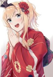 Rule 34 | 1girl, :d, black hairband, blonde hair, blue eyes, commentary request, crown, floral print, flower, hair between eyes, hair flower, hair ornament, hairband, hiiragii (hiiragi 0404), japanese clothes, kantai collection, kimono, long hair, long sleeves, mini crown, open mouth, own hands together, red kimono, rose, rose print, smile, solo, warspite (kancolle), wide sleeves