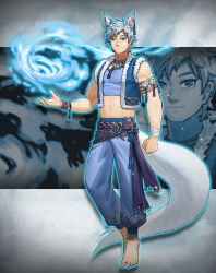 Rule 34 | 1boy, animal ears, armband, aura, baggy pants, bandaged arm, bandages, belt, blue eyes, blue fire, bracelet, clenched hand, compression shirt, crop top, ear piercing, earrings, fire, floating, fox ears, fox tail, highres, jacket, jewelry, jin (sirius-j), legband, looking at viewer, male focus, mature male, necklace, original, pants, piercing, solo, spiked hair, tail, white fur, white hair, wristband