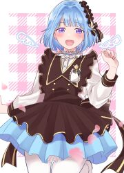 Rule 34 | 1boy, :d, apron, back bow, back ribbon, black apron, black hairband, blue hair, blue skirt, blunt bangs, border, bow, buttons, commentary request, cowboy shot, crossdressing, detached wings, dorsiflexion (wrist), dot nose, drawn wings, dress shirt, ensemble stars!, falling petals, frilled apron, frilled hairband, frilled shirt collar, frills, hair intakes, hairband, hand up, highres, knee up, lapels, light blush, long sleeves, male focus, medium hair, mini wings, naka juju, official alternate costume, open mouth, outside border, pantyhose, petals, pink background, pink petals, plaid background, pleated skirt, purple eyes, shino hajime, shino hajime (made-to-order), shirt, skirt, smile, solo, split mouth, swept bangs, tareme, trap, white border, white pantyhose, white shirt, wings