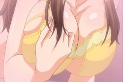 Rule 34 | 1girl, animated, animated gif, ass, bent over, blush, bra, bra pull, breasts, brown eyes, brown hair, cleavage, clothes pull, female focus, large breasts, lips, long hair, looking at viewer, lowres, matching hair/eyes, nipples, nissei saki, open mouth, panties, ryou seibai!, smile, solo, thighs, tongue, underwear, yellow bra, yellow panties