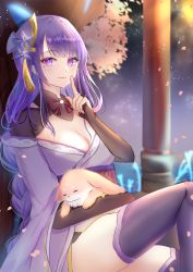 Rule 34 | 1girl, absurdres, against tree, animal ears, bad id, bad pixiv id, braid, breasts, bridal gauntlets, cherry blossoms, choker, cleavage, closed eyes, closed mouth, cocoa 11vv, commentary request, finger to mouth, floppy ears, flower, fox, fox ears, genshin impact, hair flower, hair ornament, highres, holding, japanese clothes, kimono, light blush, light smile, long hair, looking at viewer, low-braided long hair, low-tied long hair, medium breasts, mole, mole under eye, night, obi, obiage, obijime, outdoors, petals, pink fur, purple eyes, purple flower, purple hair, purple kimono, purple thighhighs, raiden shogun, red ribbon, ribbon, ribbon choker, sash, shrug (clothing), shushing, tassel, tassel hair ornament, thighhighs, tree, very long hair, wide sleeves, yae miko, yae miko (fox)