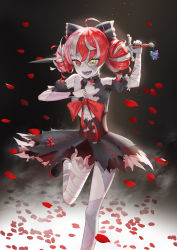 Rule 34 | 1girl, absurdres, ahoge, bandages, black nails, bow, chinese commentary, choker, colored skin, corset, double bun, falling petals, fangs, frilled bow, frills, grey hair, grey skin, hair bow, hair bun, heart, heart choker, heterochromia, highres, holding, holding microphone, holding sword, holding weapon, hololive, hololive indonesia, jagoo, kureiji ollie, looking at viewer, microphone, multicolored hair, nail polish, open mouth, petals, red hair, rose petals, scar, smile, solo, standing, standing on one leg, stitched arm, stitched face, stitched leg, stitched torso, stitches, streaked hair, sword, symbol-shaped pupils, virtual youtuber, weapon, zombie