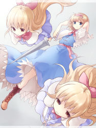 Rule 34 | 1girl, alice margatroid, apron, arm up, blonde hair, blue eyes, boots, bow, capelet, cross-laced footwear, dress, dutch angle, expressionless, flying, frown, hair bow, hairband, highres, lance, lolita hairband, long hair, long sleeves, looking at viewer, polearm, ribbon, sash, shanghai doll, short hair, short sleeves, solo, tauta (meshia8787), touhou, waist apron, weapon