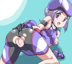 Rule 34 | 00s, 1girl, ass, bicycle helmet, bike shorts, blue eyes, blue hair, blush, bodysuit, cosplay, covered erect nipples, creatures (company), cycling uniform, game freak, gloves, helmet, kyogre (cosplay), looking at viewer, looking back, lowres, marina (pokemon battle revolution), nintendo, nipples, pokemon, pokemon battle revolution, ponytail, pussy, sweat, torn clothes, uncensored