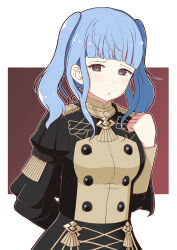 Rule 34 | 1girl, absurdres, alternate hairstyle, amagumo1023, arm behind back, blue hair, blunt bangs, border, brown eyes, buttons, closed mouth, commentary request, eyelashes, fire emblem, fire emblem: three houses, garreg mach monastery uniform, highres, marianne von edmund, medium hair, nintendo, outside border, red background, simple background, solo, tassel, twintails, upper body, white border