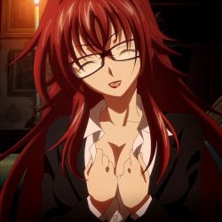 Rule 34 | 10s, 1girl, breasts, cleavage, closed eyes, female focus, glasses, high school dxd, highres, large breasts, lipstick, long hair, makeup, rias gremory, solo, stitched, third-party edit