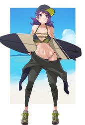 Rule 34 | 1girl, bikini, blush, bodysuit, breasts, cleavage, commentary request, diagonal bangs, diving suit, earrings, hat, highres, holding, holding behind back, idolmaster, idolmaster shiny colors, jewelry, long hair, nail polish, navel, ogasawara, purple eyes, purple hair, purple nails, solo, surfboard, swimsuit, tanaka mamimi, wetsuit