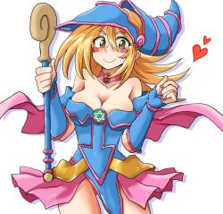 Rule 34 | 1girl, bare legs, blonde hair, breasts, cleavage, dark magician girl, duel monster, female focus, green eyes, hat, large breasts, long hair, looking at viewer, simple background, solo, suzurino, wand, wizard hat, yu-gi-oh!, yuu-gi-ou, yu-gi-oh! duel monsters