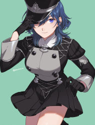 Rule 34 | 1girl, absurdres, aqua background, black gloves, black hat, black skirt, blue hair, breasts, buttons, byleth (female) (fire emblem), byleth (fire emblem), cabbie hat, closed mouth, commentary request, fire emblem, fire emblem: three houses, garreg mach monastery uniform, gloves, hat, highres, large breasts, long sleeves, looking at viewer, nintendo, official alternate costume, one eye closed, peach11 01, purple eyes, simple background, skirt, smile, solo, twitter username, uniform