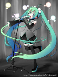Rule 34 | detached sleeves, gradient hair, green eyes, green hair, hatsune miku, kazuharu kina, long hair, microphone, microphone stand, multicolored hair, music, necktie, singing, skirt, solo, spring onion, thighhighs, twintails, very long hair, vocaloid
