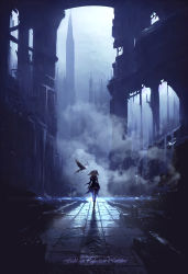 Rule 34 | 1girl, absurdres, ai-assisted, backlighting, bird, blonde hair, building, chinese commentary, commentary request, crow, dust, english text, facing viewer, fischl (genshin impact), fog, full body, garter straps, genshin impact, hair over one eye, highres, limited palette, long hair, midjourney, nid417, outdoors, oz (genshin impact), ruins, short twintails, thighhighs, twintails, water, waterfall