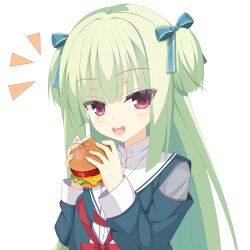 Rule 34 | 1girl, absurdres, blue ribbon, blunt bangs, blunt ends, blush, burger, collared shirt, commentary request, eyes visible through hair, food, food on face, green hair, green jacket, hair ribbon, hands up, highres, hime cut, holding, holding burger, holding food, jacket, kaon zz, long hair, long sleeves, looking at viewer, murasame (senren), notice lines, official alternate costume, open mouth, red eyes, red ribbon, ribbon, sailor collar, school uniform, senren banka, serafuku, shirt, sidelocks, simple background, smile, solo, straight hair, teeth, tsurime, two side up, upper teeth only, very long hair, white background, white sailor collar, white shirt