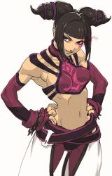 Rule 34 | 1girl, bad id, bad pixiv id, belt, black hair, blunt bangs, bracelet, breasts, chinese clothes, cowboy shot, detached sleeves, drill hair, dudou, fingerless gloves, gloves, glowing, glowing eye, halterneck, han juri, hands on own hips, jewelry, midriff, multiple belts, nail polish, navel, pants, purple eyes, rainygami, short hair, short twintails, sideboob, sidelocks, simple background, smile, solo, spiked bracelet, spiked hair, spikes, standing, street fighter, street fighter iv (series), toned, twin drills, twintails