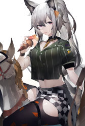 Rule 34 | 1girl, :p, absurdres, animal ears, arknights, between breasts, breasts, chinese commentary, commentary request, crop top, crop top overhang, food, grani (arknights), grani (miraculous moment) (arknights), grey shirt, highres, hip vent, holding, holding food, ice cream, ice cream cone, long hair, midriff, navel, necktie, necktie between breasts, official alternate costume, ponytail, purple eyes, saliva, saliva trail, shirt, short sleeves, silver hair, simple background, solo, striped necktie, striped neckwear, thighs, tongue, tongue out, white background, wristband, yushe quetzalli