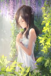Rule 34 | 1girl, areazero, black hair, breasts, cleavage, closed eyes, closed mouth, clover, day, dress, flower, fresh precure!, higashi setsuna, holding, long hair, outdoors, parted bangs, precure, purple flower, red ribbon, ribbon, sleeveless, sleeveless dress, small breasts, smile, solo, standing, sundress, white dress, wisteria
