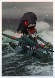 Rule 34 | aircraft, airplane, black eyes, e13a, fairy (kancolle), flying, glowing, glowing eye, highres, i-class destroyer, kaijuu, kantai collection, looking back, ocean, open mouth, red eyes, seaplane, timmyyen, vehicle focus