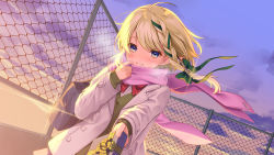Rule 34 | 1girl, ahoge, aria project 2.0, bag, blonde hair, blue eyes, blush, bow, bowtie, box, braid, breath, buttons, cardigan, chain-link fence, coat, commentary request, diffraction spikes, dutch angle, evening, fence, gift, gift box, glint, gradient sky, green cardigan, green ribbon, grey coat, grin, hair ornament, hair ribbon, hand up, holding, holding box, long hair, long sleeves, looking at viewer, ne-on, open clothes, open coat, outdoors, outstretched hand, pink scarf, pointy ears, red bow, red bowtie, ribbon, scarf, scarf pull, school bag, senjou aria, side braid, single braid, sky, smile, solo, standing, striped ribbon, undershirt, valentine, virtual youtuber, wing collar, winter clothes