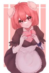 Rule 34 | 1girl, ahoge, apron, box, closed mouth, commentary request, double bun, hair bun, heart-shaped box, highres, holding, ibaraki kasen, looking at viewer, maid, pink background, pink hair, short hair, short sleeves, solo, touhou, tuyu iro, waist apron, white apron