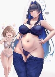 Rule 34 | 2girls, bare shoulders, blue bra, blue eyes, blue hair, blue panties, blue pants, blush, bra, breasts, brown hair, cleavage, closed eyes, collarbone, denim, hair intakes, highres, hololive, hololive english, jeans, large breasts, long hair, medium breasts, multiple girls, nanashi mumei, navel, open mouth, ouro kronii, panties, pants, pubic hair, pubic hair peek, short hair, smile, thighs, tinnies, underwear, virtual youtuber, white bra, white panties