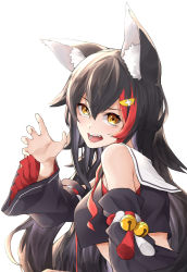 Rule 34 | 1girl, animal ear fluff, animal ears, bad id, bad pixiv id, bell, black hair, black shirt, blush, breasts, claw pose, commentary, crop top, detached sleeves, fang, from side, hair between eyes, hair ornament, hololive, kouhaku nawa, long hair, looking at viewer, medium breasts, midriff, multicolored hair, ookami mio, ookami mio (1st costume), open mouth, orange eyes, red hair, rope, sailor collar, shimenawa, shirt, simple background, solo, streaked hair, toto (kuro toto), two-tone hair, upper body, virtual youtuber, white background, wolf ears