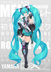 Rule 34 | 1girl, absurdly long hair, absurdres, adapted costume, ahoge, aqua eyes, aqua hair, aqua necktie, black gloves, black thighhighs, commentary, controller, cyborg, english text, fingerless gloves, full body, gloves, gun, hair between eyes, hatsune miku, headgear, hichi, highres, holding, holding gun, holding weapon, long hair, mechanical arms, mechanical legs, military operator, mixed-language commentary, necktie, pouch, public address system, remote control, shirt, shoulder tattoo, single glove, single mechanical arm, single mechanical leg, single thighhigh, sleeveless, sleeveless shirt, smile, solo, song name, speaker, submachine gun, suspenders hanging, tattoo, thighhighs, translated, trigger discipline, twintails, very long hair, vocaloid, weapon