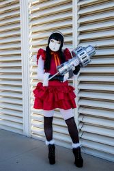 Rule 34 | 1girl, black hair, boots, cosplay, dress, gloves, kronos-m, magical girl, magical girl apocalypse, mahou shoujo of the end, photo (medium), red dress, thighhighs, yellow eyes