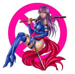Rule 34 | 10s, 1girl, bad id, bad pixiv id, blue eyes, boots, bridal gauntlets, elbow gloves, gloves, high heel boots, high heels, highleg, highleg leotard, katana, king mary, crossed legs, leotard, long hair, looking at viewer, marvel, psylocke, purple hair, sash, sitting, solo, sword, thigh boots, thighhighs, wakizashi, weapon, x-men