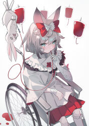 Rule 34 | 1girl, animal ears, aqua eyes, bandaged arm, bandages, blood, blood bag, blush, bow, commentary request, dress, drinking, grey background, hair bow, hand up, highres, medium hair, on chair, original, rabbit, red bow, simple background, sitting, solo, wakuseiy, wheelchair, white dress